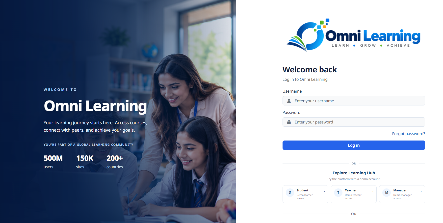 Learning Hub Moodle demonstration login screen